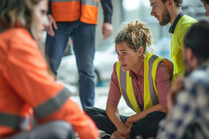 a group of people wearing orange and yellow work vests talk with each other