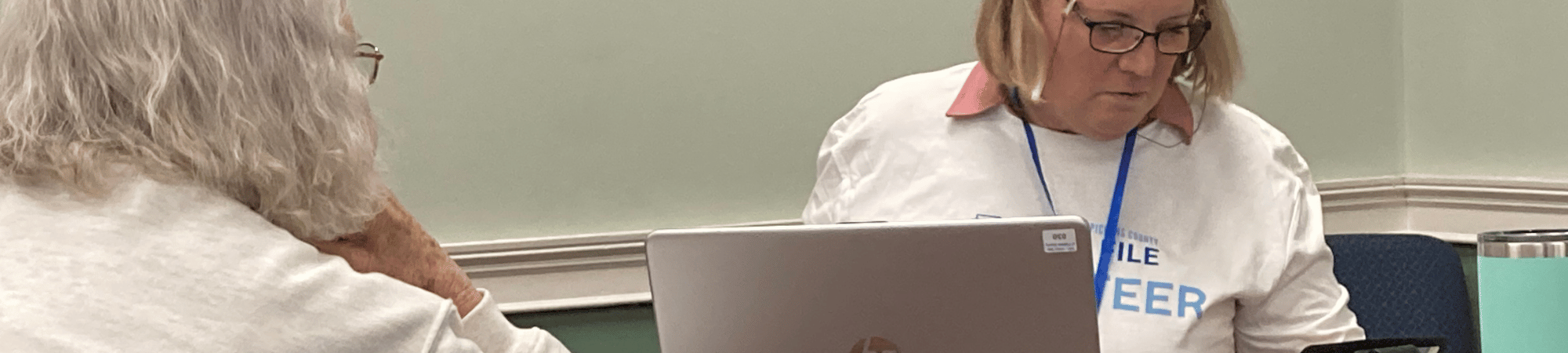 A female Free File volunteer helps another woman with her taxes