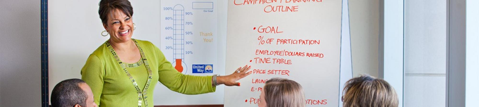 a woman points at a campaign timeline while talking to co-workers